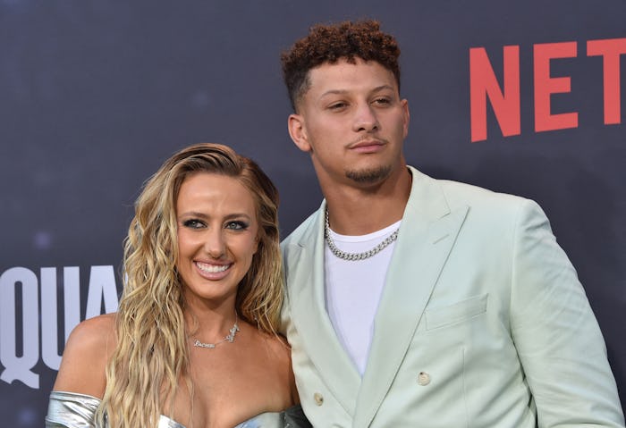 US american football quarterback Kansas City Chief's Patrick Mahomes (R) and his wife Brittany Mahom...