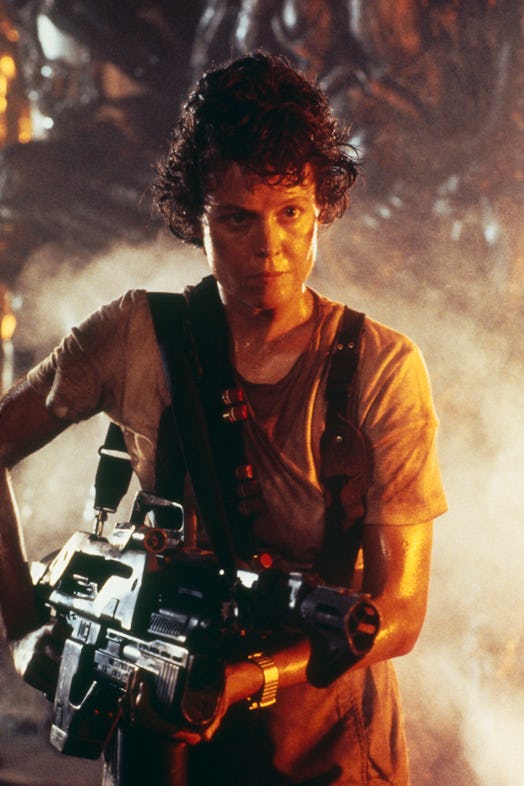 American actress Sigourney Weaver on the set of the film Aliens, directed by James Cameron. (Photo b...