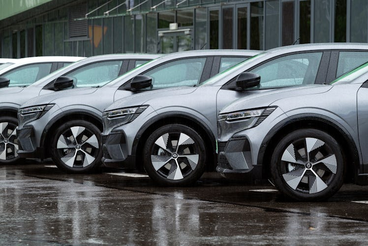 Cracow, Poland - 17th May, 2023: Electric crossover cars Renault Megane E-Tech parked on a public pa...