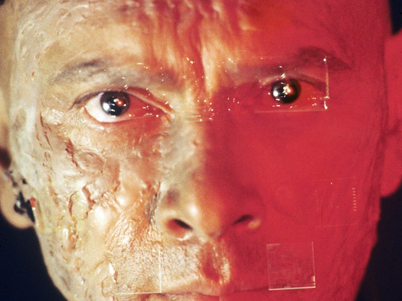 Russian-born Swiss actor Yul Brynner (1920 - 1985) as The Gunslinger, an android in the American sci...