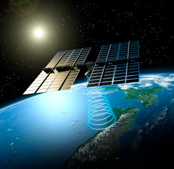 Space-based solar power. Illustration of a satellite harvesting energy from sunlight and beaming it ...
