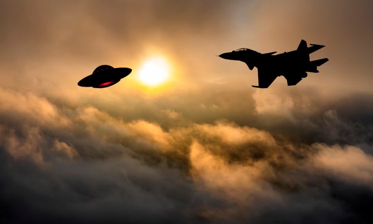 illustration of a fighter jet and a flying saucer, backlit by the sun