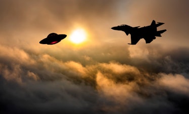illustration of a fighter jet and a flying saucer, backlit by the sun