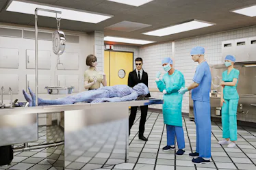 CGI illustration of three people in scrubs and two in business clothes standing around a blue alien ...