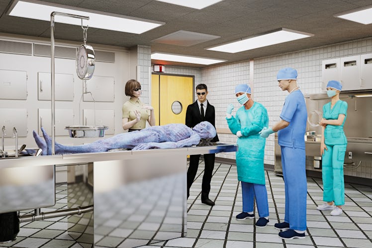CGI illustration of three people in scrubs and two in business clothes standing around a blue alien ...