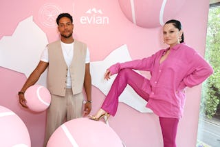 Chanan Safir Colman and Jessie J pose in the evian VIP Suite At Wimbledon 2023 on July 12, 2023 in L...