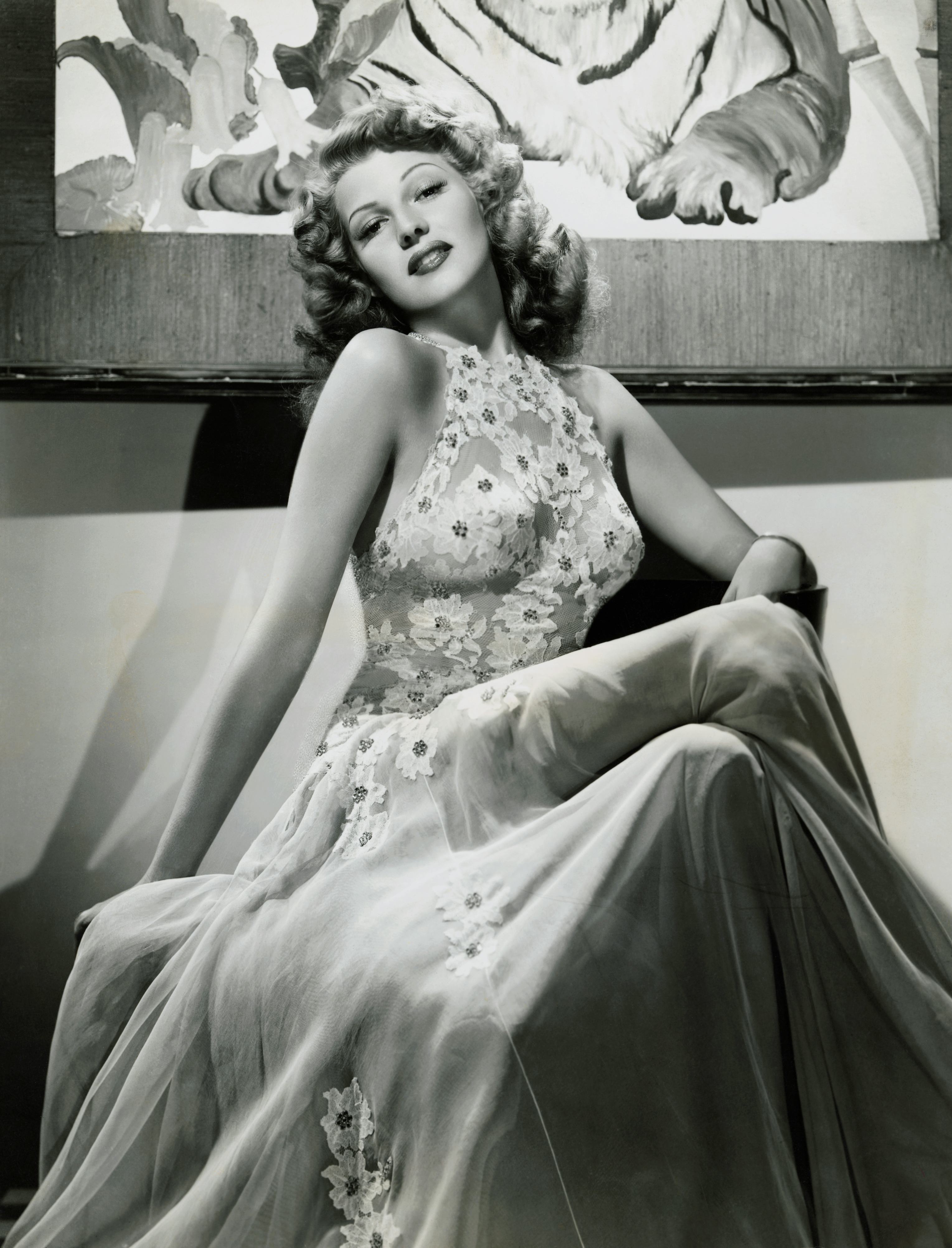 Rita Hayworth wears a sheer dress in 1942.