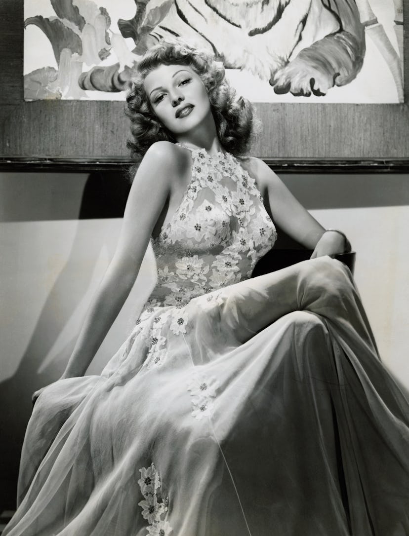 Rita Hayworth wears a sheer dress in 1942. 