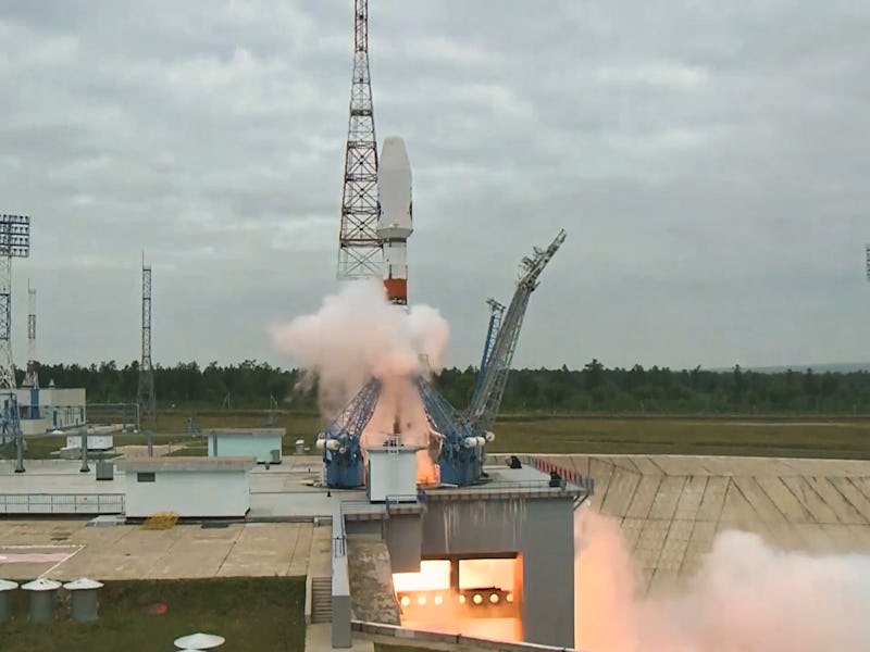 This video screenshot shows the Soyuz-2.1b rocket carrying the Luna-25 lunar station blasting off fr...