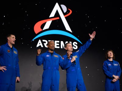 (L-R) Astronauts Jeremy Hansen, Victor Glover, Reid Wiseman and Christina Hammock Koch celebrate aft...