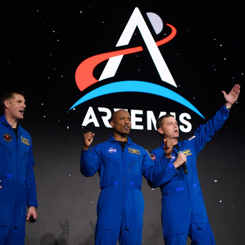 (L-R) Astronauts Jeremy Hansen, Victor Glover, Reid Wiseman and Christina Hammock Koch celebrate aft...