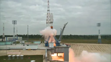 This video screenshot shows the Soyuz-2.1b rocket carrying the Luna-25 lunar station blasting off fr...