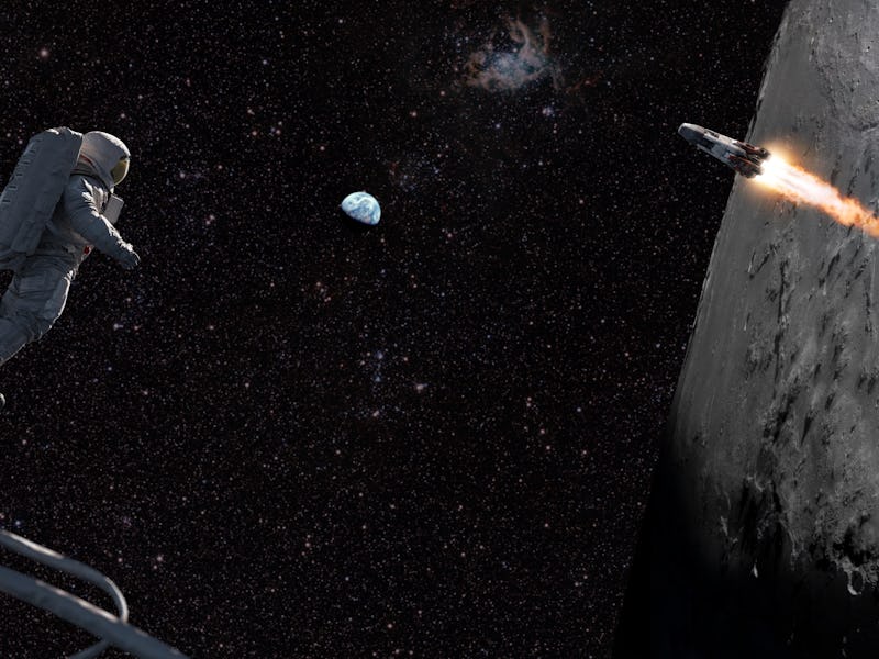 Astronaut attached to tether, floating in space looking at lunar base in crate of the moon as a rock...