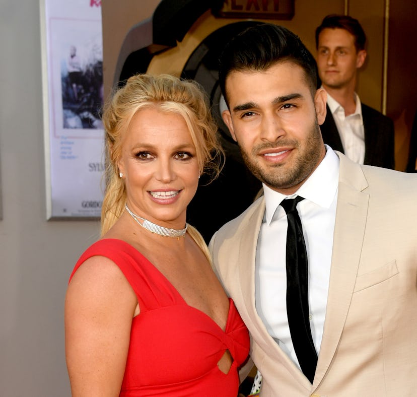 HOLLYWOOD, CALIFORNIA - JULY 22: Britney Spears (L) and Sam Asghari arrive at the premiere of Sony P...