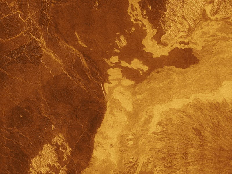 This false color Magellan image shows a portion of Bereghinya Planitia (plains) in the northern hemi...