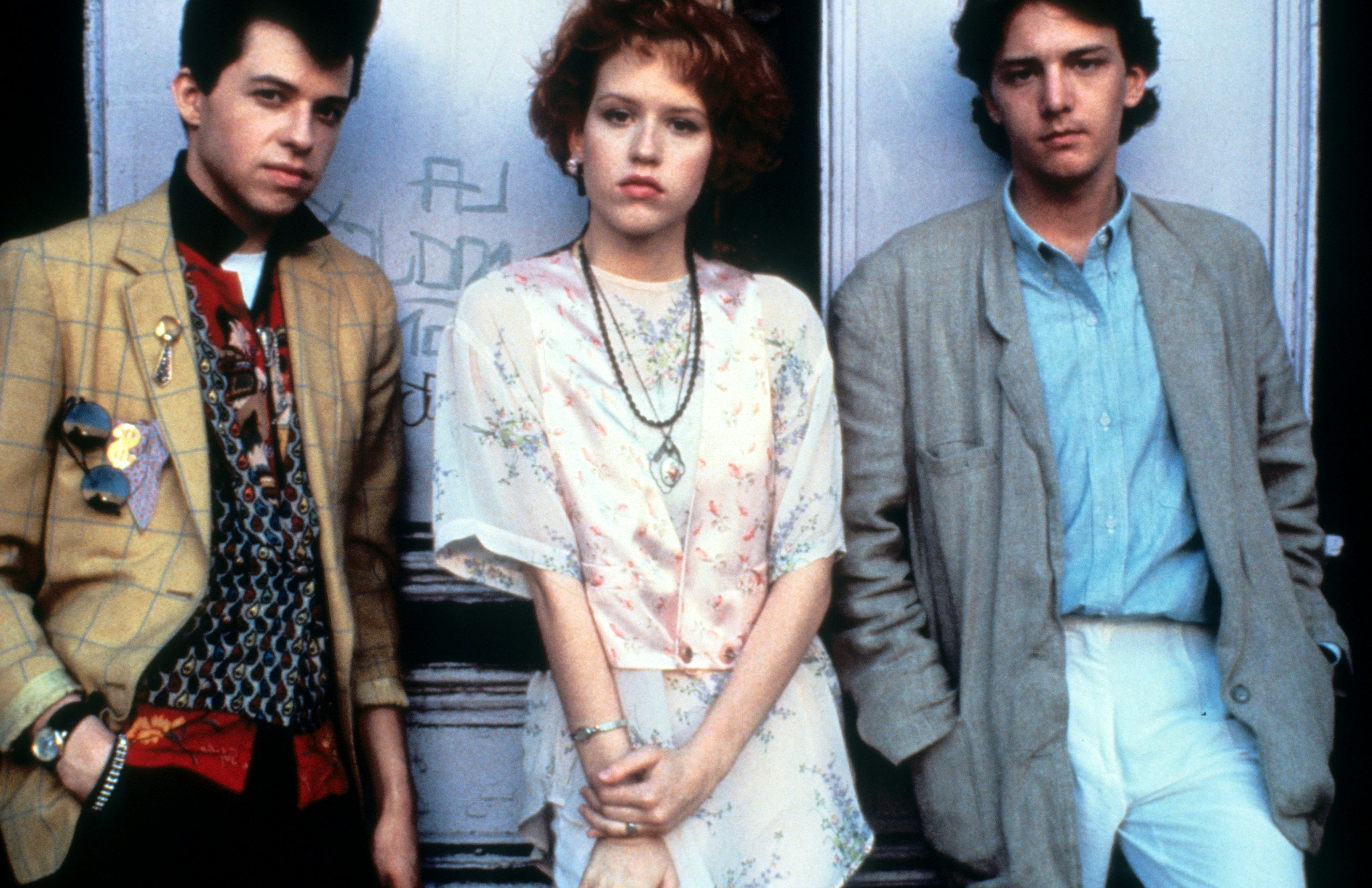 Jon Cryer, Molly Ringwald and Andrew McCarthy on set of the film &lsquo;Pretty In Pink&rsquo;, 1986.
