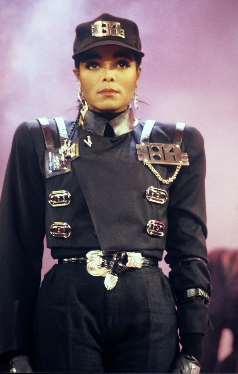Janet Jackson in a military outfit for "Rhythm Nation" in November 1989. 