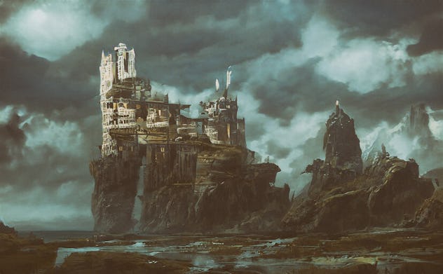 Abstract futuristic background with a ruined castle; magic castle is a spooky kid-friendly ghost sto...