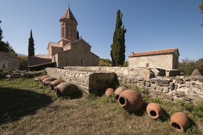 Georgia, Iqalto, Ikalto Monastery Complex, Khvtaeba church, 8th-9th c, with clay wine jugs