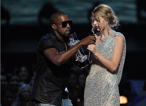NEW YORK - SEPTEMBER 13:  Kanye West (L) jumps onstage after Taylor Swift (C) won the "Best Female V...