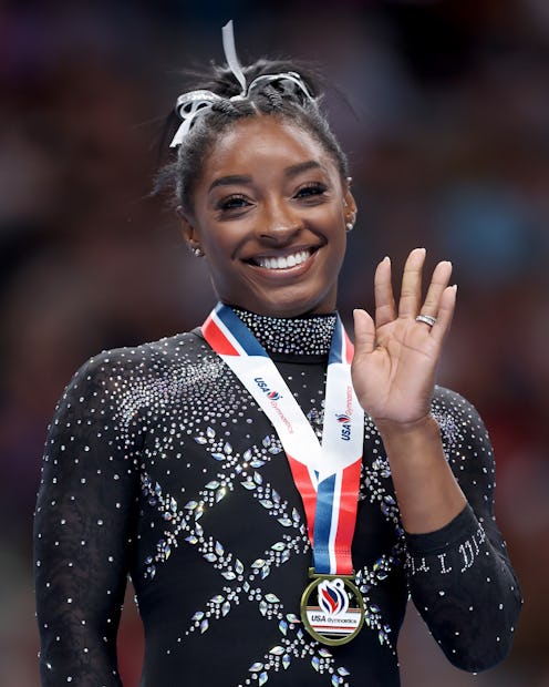 Simone Biles placing first in the floor exercise competition on day four of the 2023 U.S. Gymnastics...