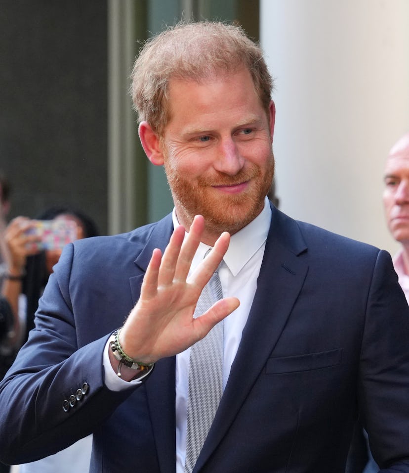 LONDON, ENGLAND - JUNE 7: Prince Harry, Duke of Sussex, waves as he leaves after giving evidence at ...