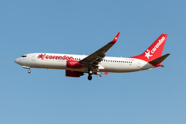 FRANKFURT, GERMANY - 2023/06/03: A Corendon Airlines Boeing 737-800 landing at Frankfurt airport. Co...