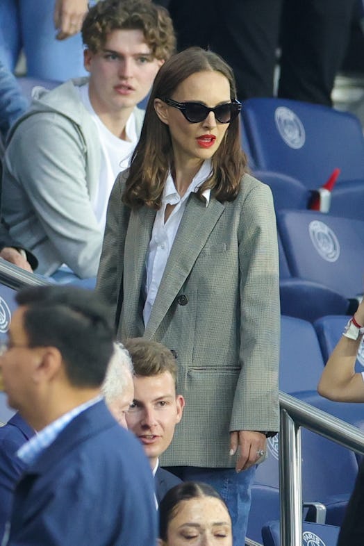 Natalie Portman is seen during the Ligue 1 match between Paris Saint-Germain and Clermont Foot at Pa...