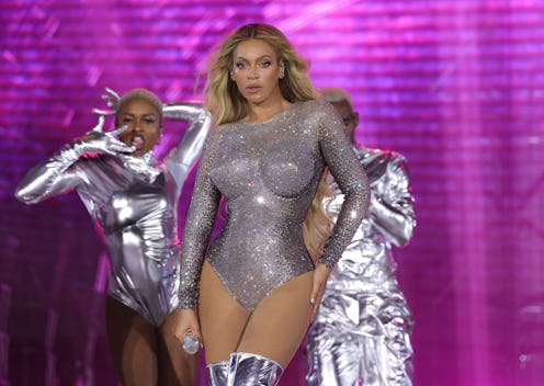 Beyoncé wears a metallic silver bodysuit during the Renaissance World Tour.