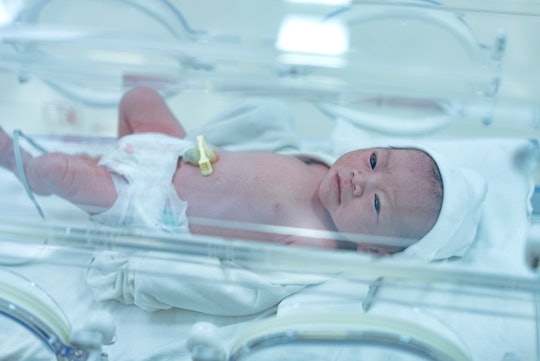 Capturing the delicate first day of a newborn baby lying down in an incubator, experiencing the care...