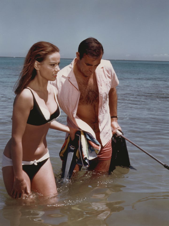 French actress Claudine Auger and Scottish actor Sean Connery star in director Terence Young's 1965 ...