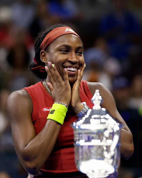 NEW YORK, NEW YORK - SEPTEMBER 09: Coco Gauff of the United States celebrates with the trophy after ...