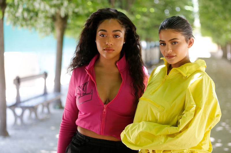 PARIS, FRANCE - JUNE 21: Jordyn Woods and Kylie Jenner attend the Louis Vuitton Menswear Spring/Sum...