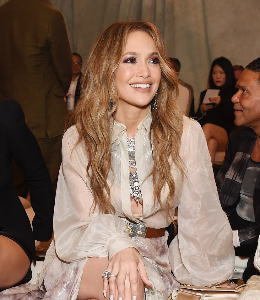 Jennifer Lopez purple eye makeup at Ralph Lauren RTW SS 2024