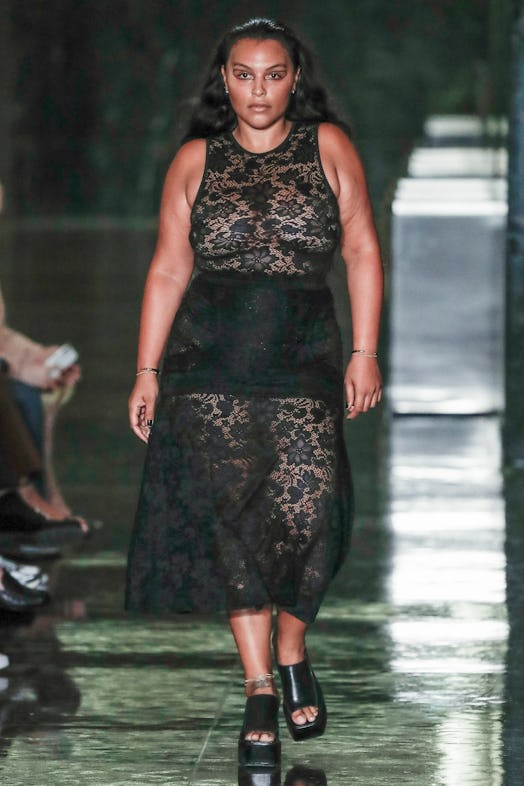 Paloma Elsesser walks the runway during the Eckhaus Latta Ready to Wear Spring/Summer 2024 fashion s...