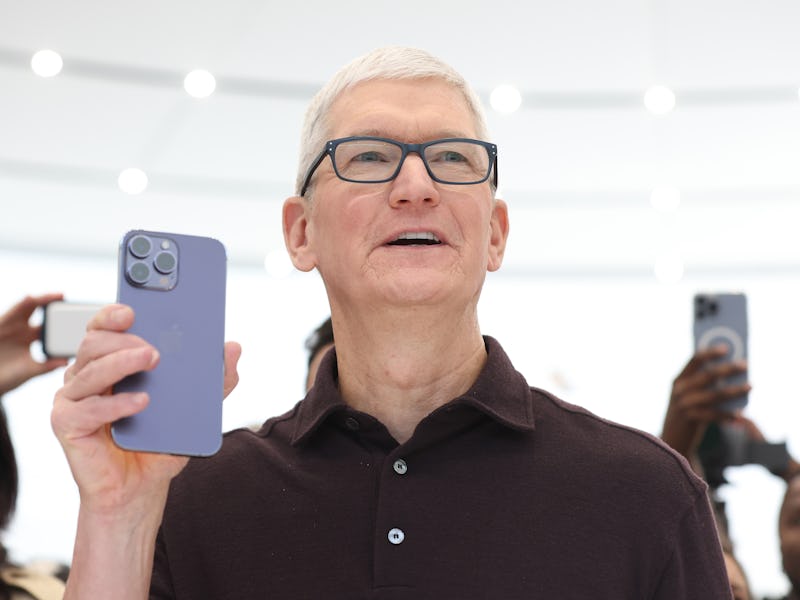 CUPERTINO, CALIFORNIA - SEPTEMBER 07: Apple CEO Tim Cook looks at a new iPhone 14 Pro during an Appl...