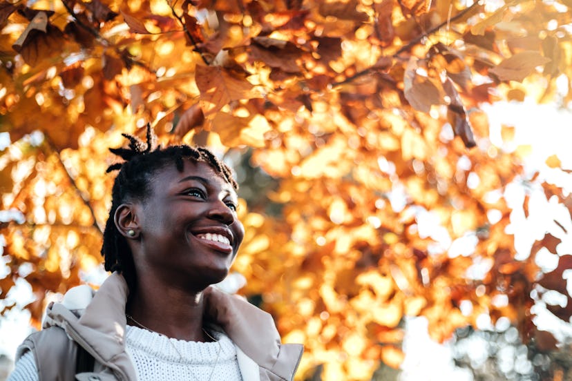 Portrait of beautiful african-american woman at autumn park.