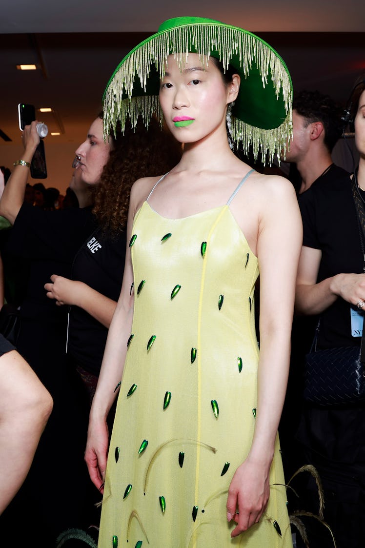 NEW YORK, NEW YORK - SEPTEMBER 11: A model poses backstage at the Melke fashion show during New York...