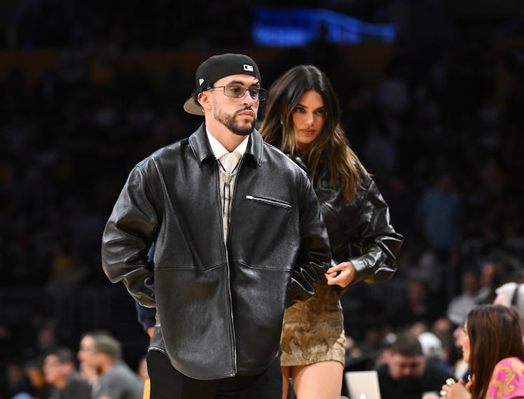 Kendall Jenner and Bad Bunny at Game 6 of the NBA playoffs at Crypto.com Friday.