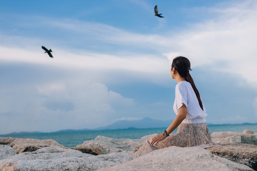 Rear view of woman sitting on the rock of coastline and enjoying beautiful sceneseagulls flying at t...