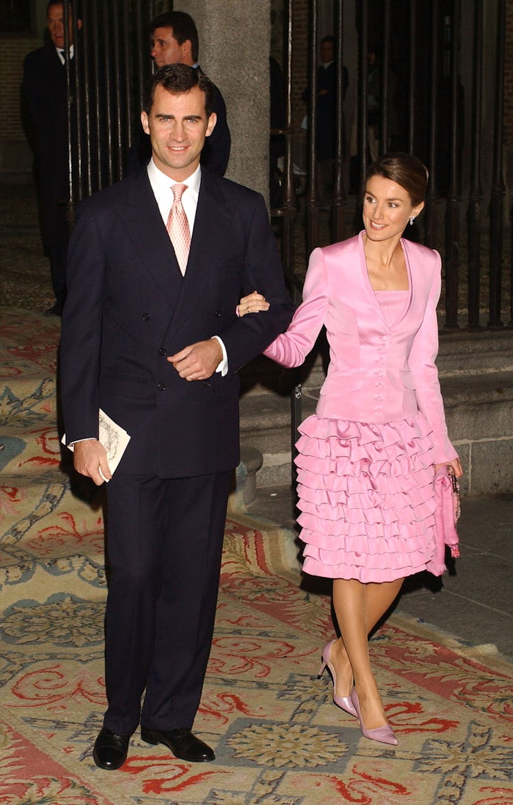 Crown Prince Felipe and Princess Letizia of Spain attend the wedding of Fernando Gomez Acebo, son of...