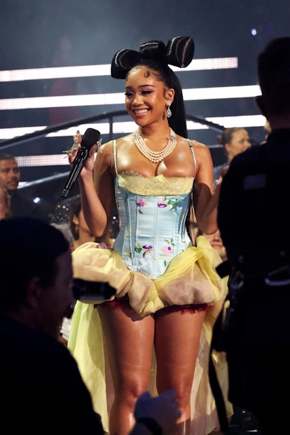 NEWARK, NEW JERSEY - SEPTEMBER 12: Saweetie speaks onstage during the 2023 MTV Video Music Awards at...