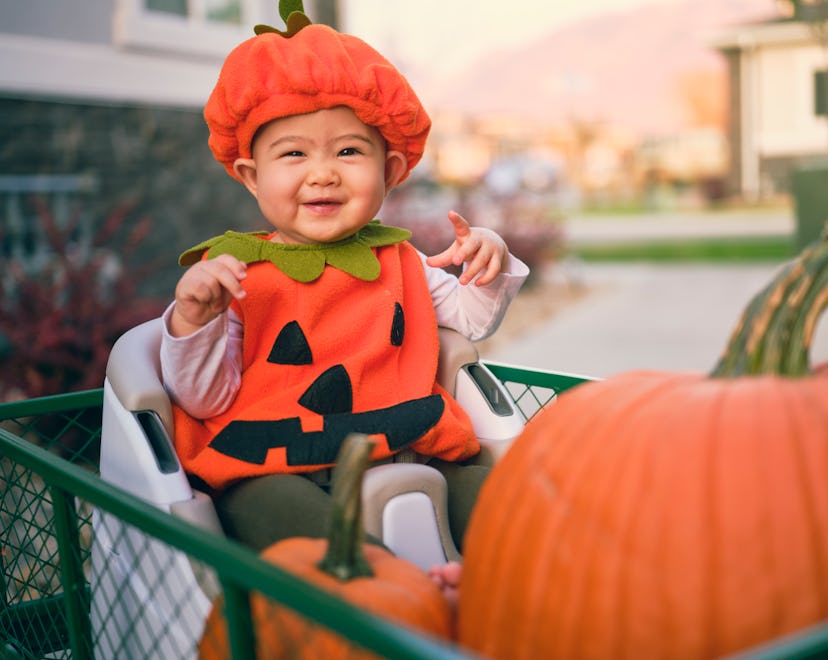 a baby in a costume in an article about can babies go trick or treating?