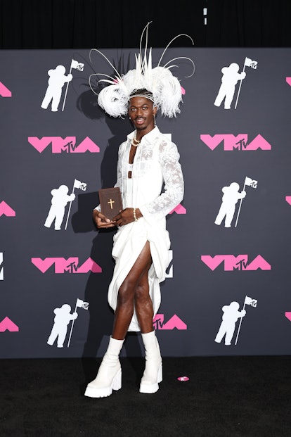 NEWARK, NEW JERSEY - SEPTEMBER 12: Lil Nas X poses in the press room at the 2023 MTV Video Music Awa...