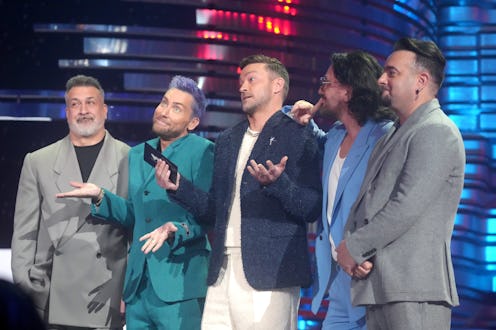 NEWARK, NEW JERSEY - SEPTEMBER 12: (L-R) Joey Fatone, Lance Bass, Justin Timberlake, JC Chasez and ...
