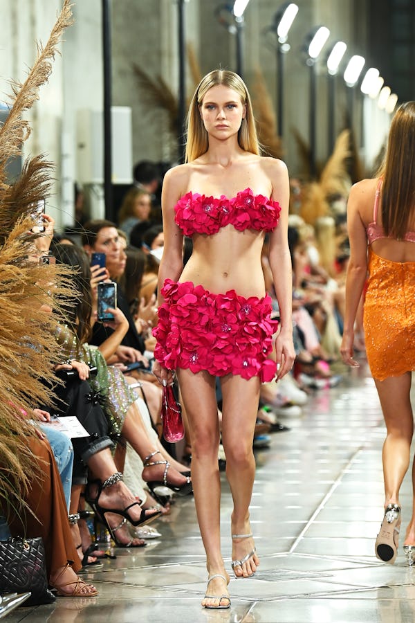 A model walks the runway at the PatBO show during New York Fashion Week.
