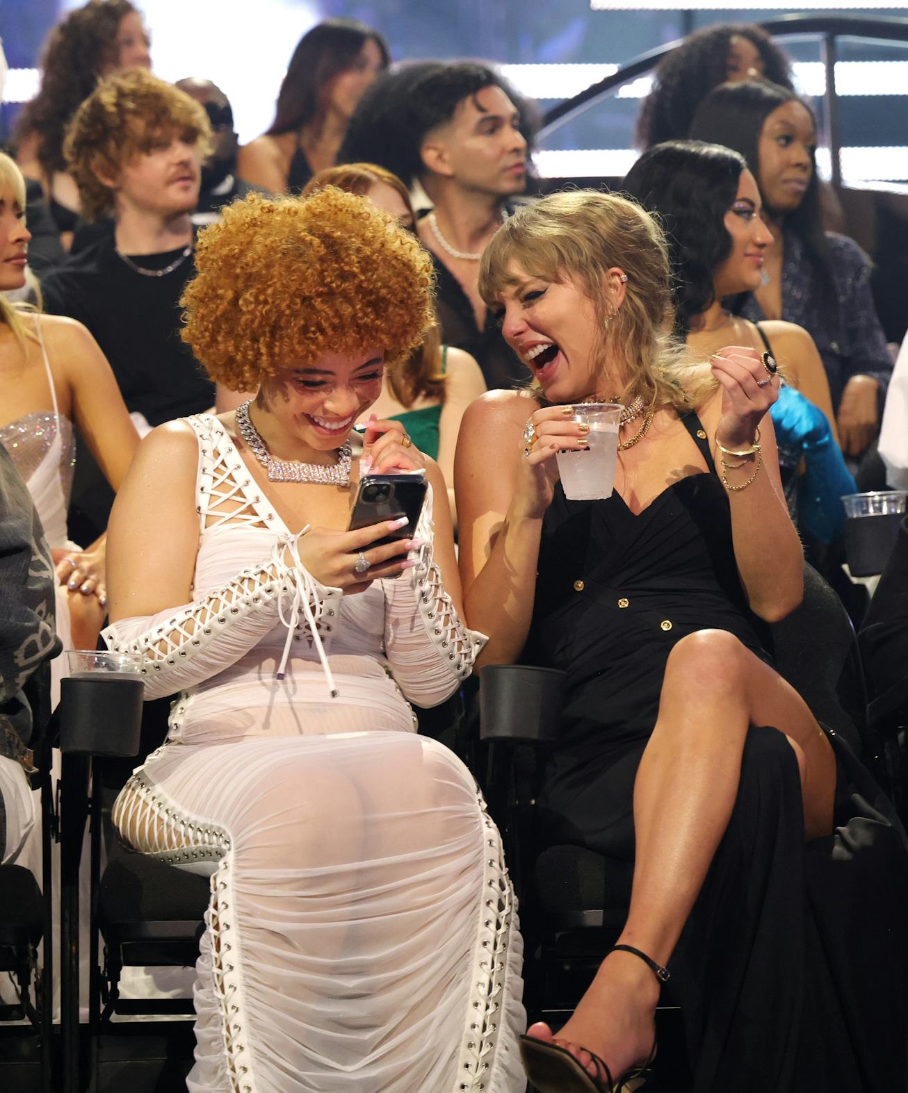NEWARK, NEW JERSEY - SEPTEMBER 12: (L-R) Ice Spice and Taylor Swift attend the 2023 MTV Video Music ...