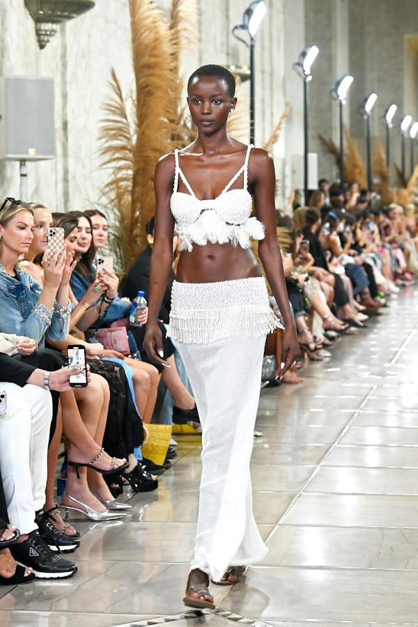 A model walks the runway at the PatBO show during New York Fashion Week.