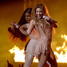 NEWARK, NEW JERSEY - SEPTEMBER 12: Shakira (R) performs onstage the 2023 MTV Video Music Awards at P...