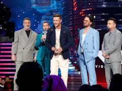 NEWARK, NEW JERSEY - SEPTEMBER 12: (L-R) Joey Fatone, Lance Bass, Justin Timberlake, JC Chasez, and ...